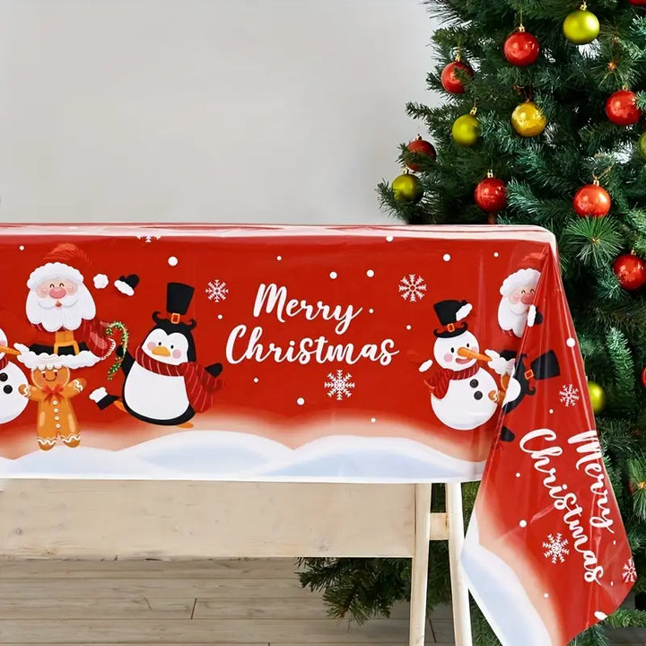 Christmas Celebration Tablecloth – Festive Fun with Santa, Snowman & Penguin!