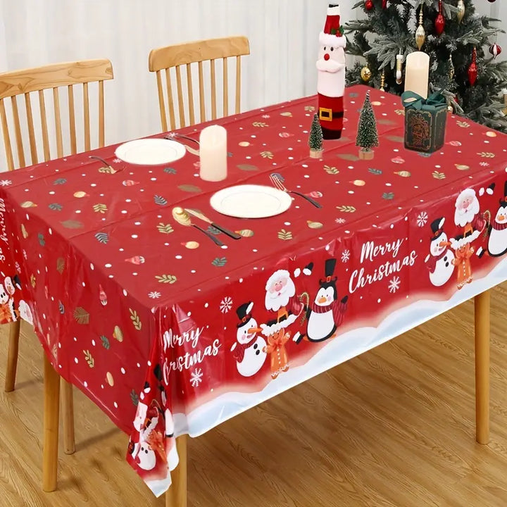 Christmas Celebration Tablecloth – Festive Fun with Santa, Snowman & Penguin!